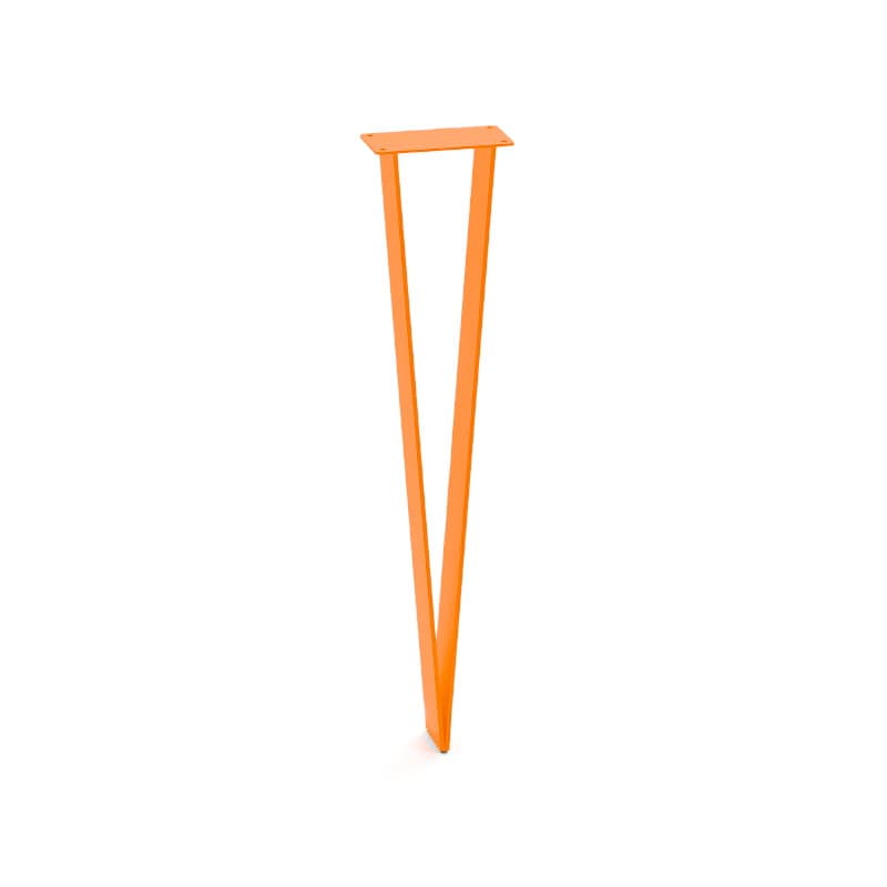 A single, bright orange metal hairpin leg designed for furniture assembly. It features a flat mounting plate at the top with pre-drilled holes for screws, indicating its purpose as a support element for tables, benches, or desks. The leg is constructed from a single rod of metal, bent into a characteristic 'hairpin' shape with two prongs that taper slightly towards the floor. The clean lines and minimalist design are typical of modern and mid-century furniture aesthetics, allowing for customization and DIY projects. — 3D model