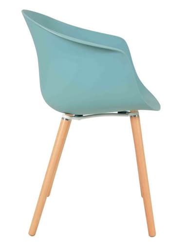 A modern armchair featuring a single-piece molded plastic shell seat in a muted teal color, supported by four splayed wooden legs. The shell incorporates a continuous backrest and integrated armrests, curving gently upwards at the edges. The legs are light-toned wood, tapering slightly and angled outwards from the central mounting point beneath the seat. The chair exhibits a clean, minimalist design. — 3D model
