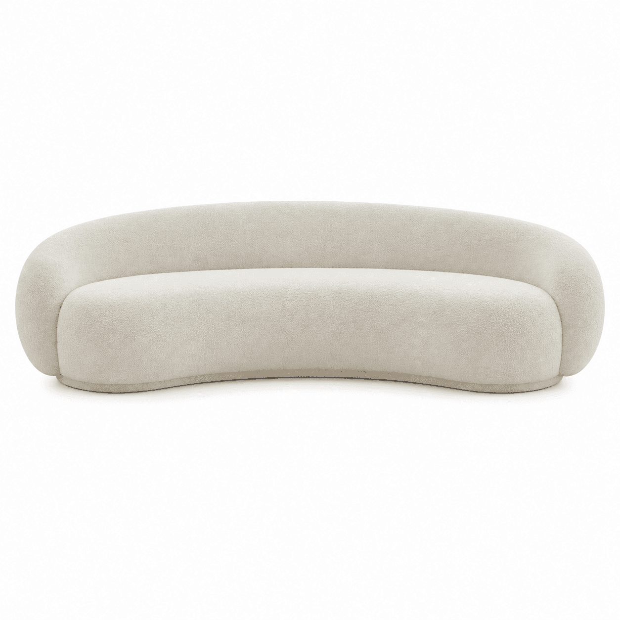 A contemporary curved sofa, upholstered entirely in a cream-colored boucle fabric. The design features a continuous, seamless backrest that gently curves into integrated armrests, creating a cohesive and inviting crescent shape. It rests on a low-profile base that matches the sofa's arc. — 3D model