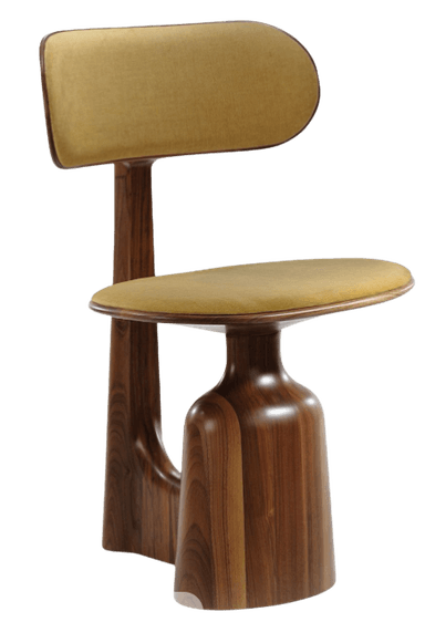 A uniquely designed wooden chair with an ergonomic form. The chair features a curved backrest and a rounded seat, both upholstered in tan leather. The base is constructed from polished wood with a distinctive, sculpted shape that incorporates a wide, U-shaped support on the left and a bulbous, columnar support on the right, which elevates the seat. — 3D model
