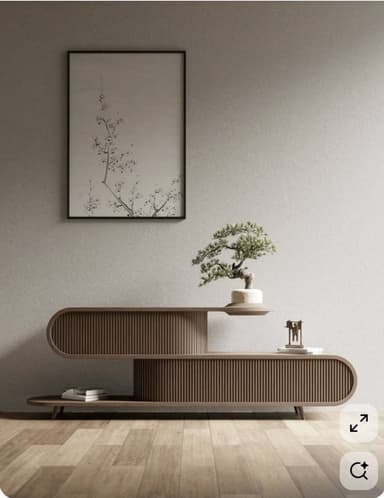 A contemporary S-shaped console table crafted from wood, featuring a medium-brown finish and distinctive vertical fluting on its curved surfaces. It offers two tiers for display and integrated storage compartments. — 3D model