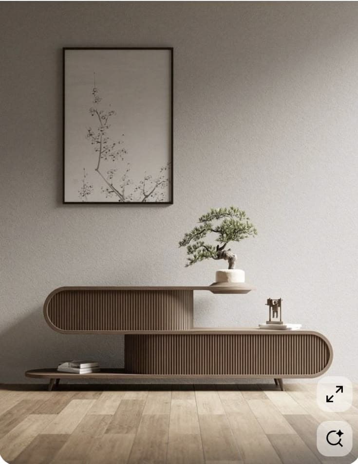 A contemporary S-shaped console table crafted from wood, featuring a medium-brown finish and distinctive vertical fluting on its curved surfaces. It offers two tiers for display and integrated storage compartments. — 3D model
