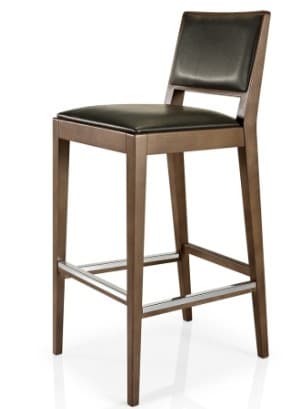 A wooden bar stool with a padded seat and backrest upholstered in dark material. The stool has four legs connected by a footrest. — 3D model