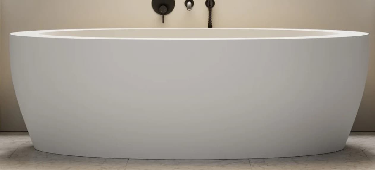 A pristine white freestanding oval bathtub rendered against a plain white background, showcasing a modern, minimalist design with smooth, continuous curves. — 3D model