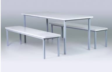 A modern dining set featuring a rectangular table and two matching benches. The table and bench tops are white, and the frames/legs are a gray metal, presenting a clean and utilitarian design. — 3D model