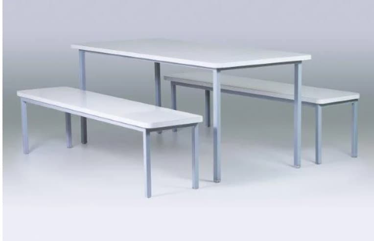 A modern dining set featuring a rectangular table and two matching benches. The table and bench tops are white, and the frames/legs are a gray metal, presenting a clean and utilitarian design. — 3D model