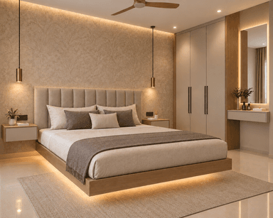 A contemporary upholstered platform bed featuring a tall, vertically channel-tufted headboard and a matching upholstered frame. The bed is dressed with bedding in various shades of beige and brown, including pillows, a duvet, and a throw blanket. It stands on short, recessed wooden legs. — 3D model