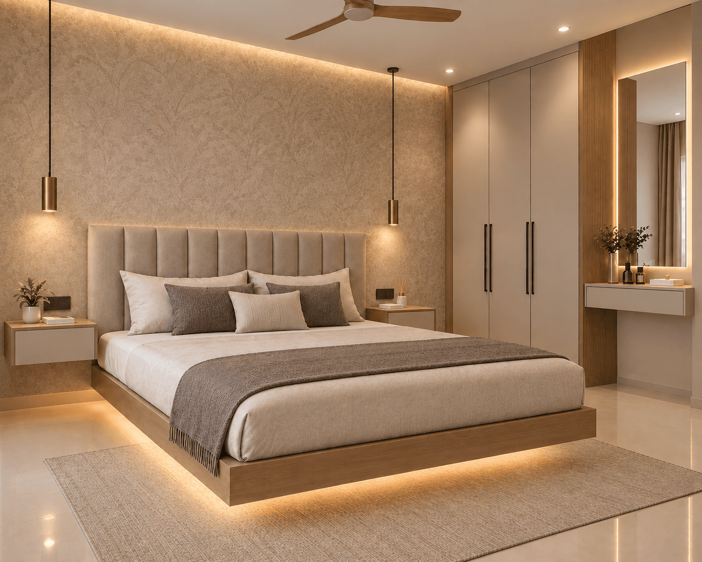 A contemporary upholstered platform bed featuring a tall, vertically channel-tufted headboard and a matching upholstered frame. The bed is dressed with bedding in various shades of beige and brown, including pillows, a duvet, and a throw blanket. It stands on short, recessed wooden legs. — 3D model