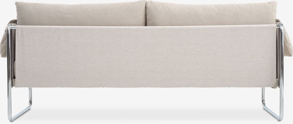 A close-up view of a sofa, focusing on the backrest and seat. The sofa features a tubular metal frame, likely chrome-plated steel, with a light-colored fabric upholstery. The backrest appears to be composed of two cushions, while the seat is a single upholstered panel. The overall design suggests a modern or Bauhaus-inspired aesthetic. — 3D model