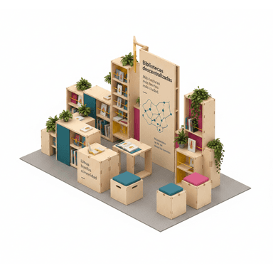 A comprehensive modular display system constructed from light-colored birch plywood panels. The system is designed to create an interactive environment, likely for a library or educational exhibit, featuring multiple shelving units for books and display items. It incorporates various configurations, including open shelves, partially enclosed cubbies with colored back panels (teal, pink, yellow), integrated seating cubes with upholstered tops, and tall display panels with graphics and text. Potted plants are strategically placed throughout the setup, adding natural elements. The entire system rests on a grey carpeted base, suggesting an exhibition or temporary installation. — 3D model
