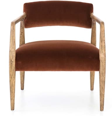 An armchair featuring a solid wood frame with curved armrests and upholstered seat and back in a rust-colored velvet fabric. The wooden frame exhibits a prominent grain, suggesting oak or a similar light-colored wood, and includes four tapered legs. The design combines mid-century modern aesthetics with contemporary comfort. — 3D model