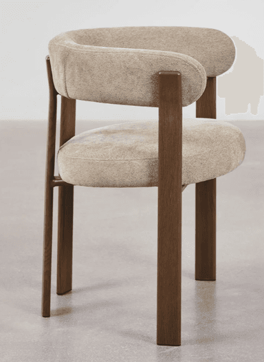 A contemporary accent chair with a curved backrest and seat, upholstered in a textured, light-colored fabric. The chair features a distinctive frame constructed from dark wood, with four legs providing support. The arms are integrated into the backrest structure. — 3D model