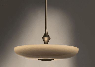 A modern pendant light featuring a wide, shallow, disc-shaped shade suspended by a slender metallic rod, accented by a decorative tapered element. — 3D model