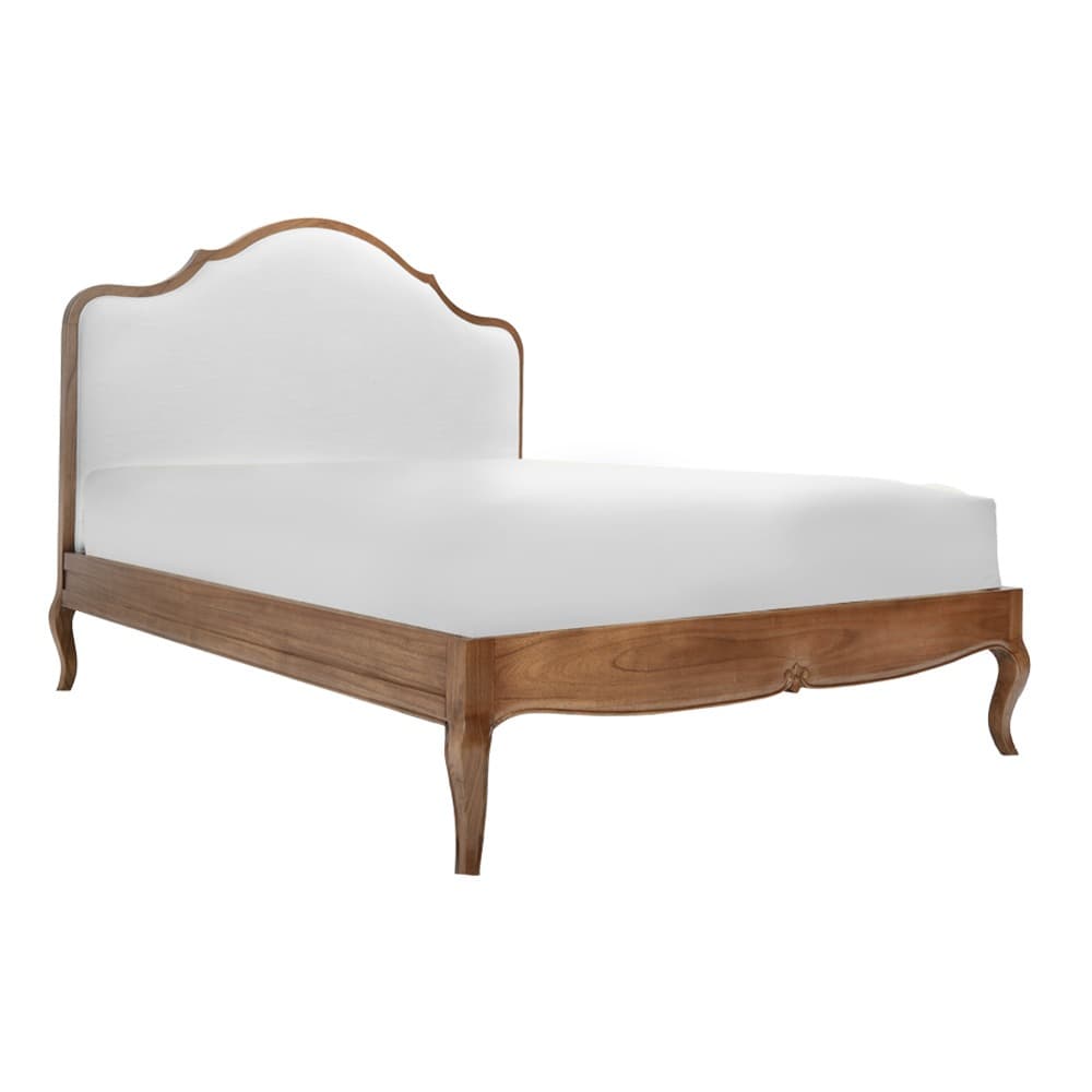 A wooden bed frame with an upholstered headboard and a white mattress. The frame features curved legs and ornate detailing on the side rails. The headboard has a scalloped silhouette. — 3D model