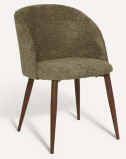 A contemporary dining chair featuring a curved, barrel-back design with integrated armrests, fully upholstered in a textured green boucle fabric, and supported by four tapered, dark-finished wooden legs. — 3D model