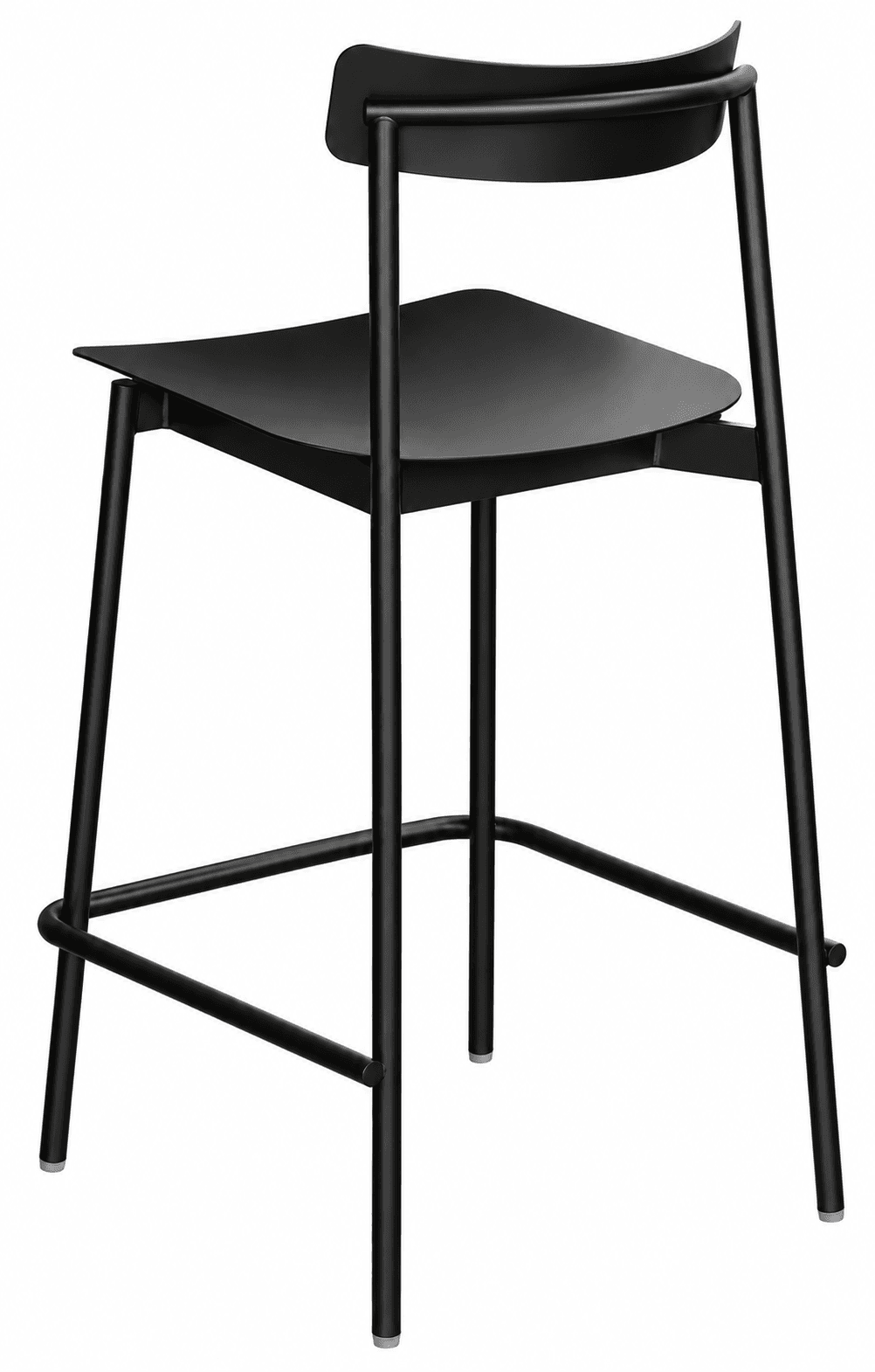 A contemporary black bar stool constructed from metal, featuring a minimalist design. It has a curved backrest and a subtly contoured seat, both in a matte black finish. The frame consists of slender, round metal tubing, including an integrated footrest, and it stands on four legs with protective glides at the bottom. — 3D model