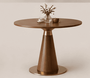 A contemporary round accent table featuring a dark brown wood veneer tabletop and a conical pedestal base, accented with polished brass-toned metal elements. — 3D model