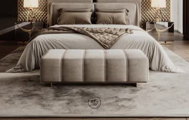 A modern rectangular upholstered bench featuring five channel-tufted sections on its seat, supported by a recessed, minimalist metallic base. The upholstery is a soft, light beige or taupe fabric, possibly velvet or suede, and the base has a subtle gold-tone finish. — 3D model
