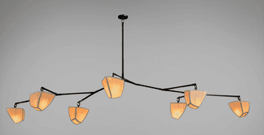 A modern, sculptural chandelier with a dark-finished metal frame and multiple articulated arms, each supporting an opaque, geometric white shade. The design is contemporary and minimalist, spreading light across a wide area. — 3D model