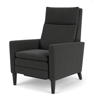 A contemporary high-back lounge chair upholstered in a dark gray, textured fabric. The chair features a tall backrest with a separate lumbar cushion, boxy padded armrests, and a removable seat cushion. It is supported by four dark, tapered wooden legs. — 3D model
