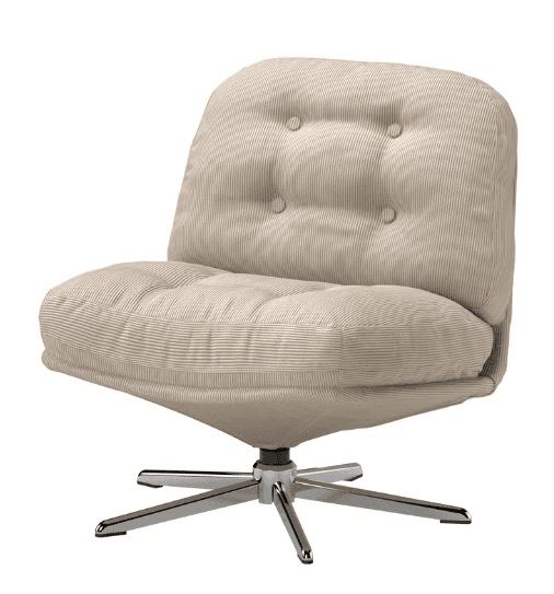 An armless swivel lounge chair featuring plush, button-tufted upholstery in a beige, finely ribbed corduroy-like fabric. The seat and backrest are generously padded, creating a comfortable, relaxed form. The chair is supported by a sleek, polished chrome four-star swivel base, providing stability and rotational movement. The overall design suggests a contemporary aesthetic. — 3D model