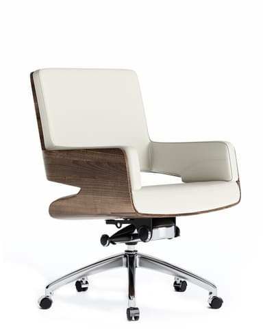 A modern swivel office chair featuring a curved bentwood shell and upholstered seat and back. The exterior of the chair's frame is a warm brown wood grain, while the interior is covered in a light, off-white or cream upholstery. It sits on a polished chrome five-star base equipped with black casters for mobility. The chair includes a visible mechanism underneath the seat for height and tilt adjustments, indicating functionality typical of an office environment. — 3D model
