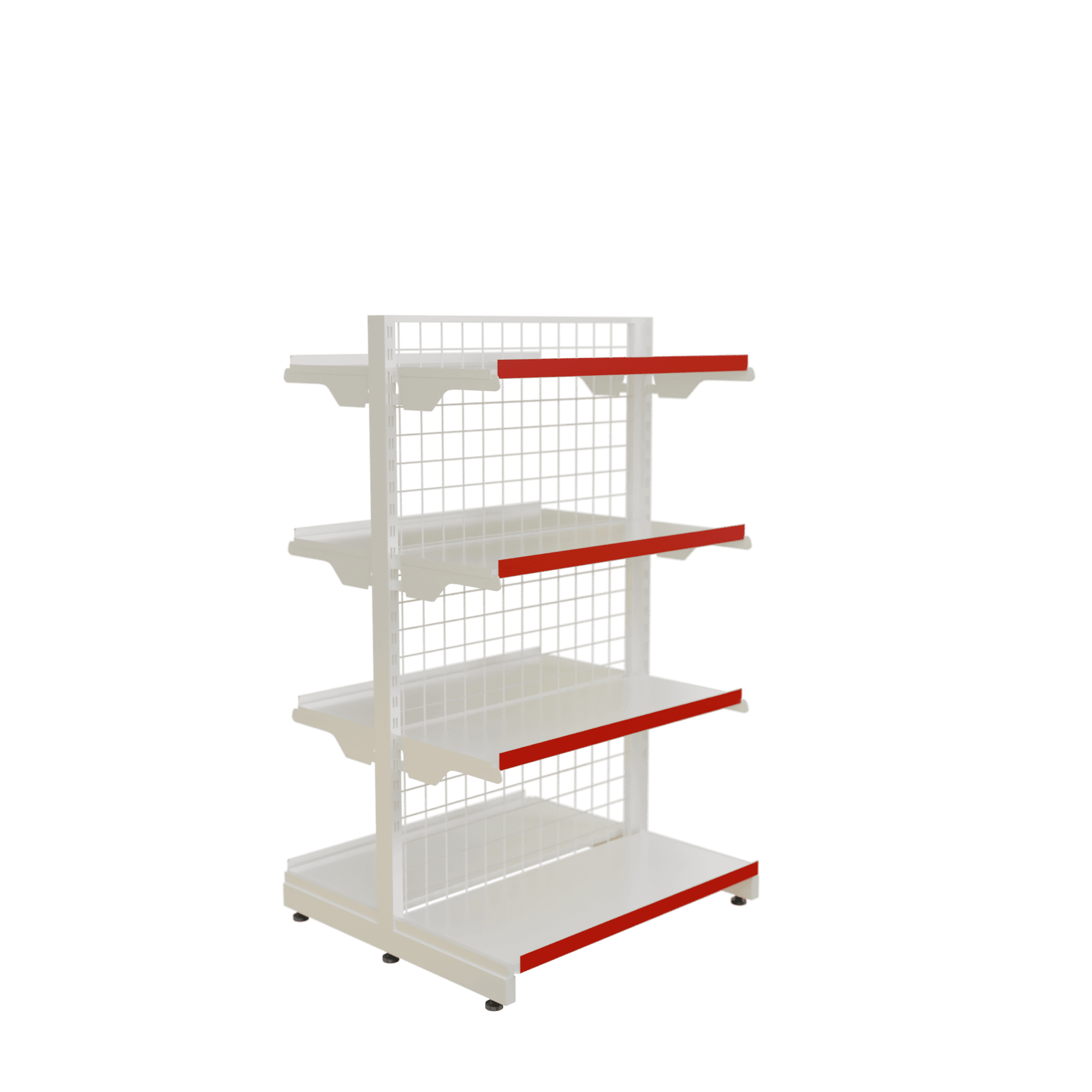 A white metal display shelving unit with four adjustable shelves and a grid-patterned back panel. Each shelf features a prominent red accent strip along its front edge, likely for price tags or branding. The unit is designed for retail environments. — 3D model
