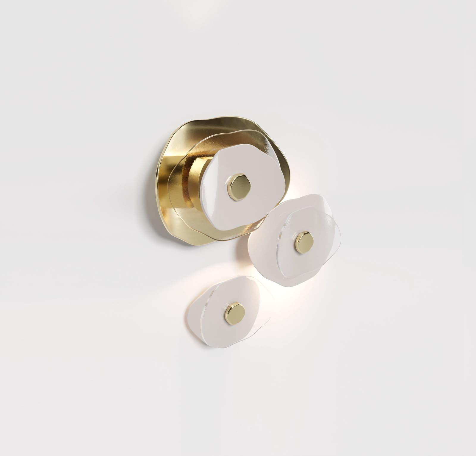 A modern wall-mounted lighting fixture featuring a layered design. The fixture consists of several organic, undulating shapes in polished gold-toned metal, overlaid with translucent white acrylic or glass elements, each centered with a smaller gold disc. The light emanates from behind or through these elements, creating a soft, diffused glow. — 3D model