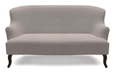 A two-seater upholstered sofa with a high, curved back and armrests. The sofa has a tufted appearance, though no visible tufting buttons are present. It is supported by four dark, carved wooden legs with a cabriole style. The upholstery is a neutral-toned textured fabric. — 3D model