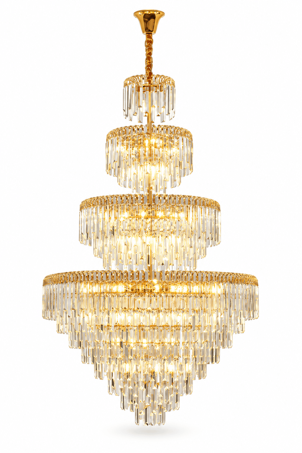A large, multi-tiered chandelier featuring a polished gold-finished metal frame adorned with numerous clear crystal rods. The design is conical, with tiers progressively larger from top to bottom, creating a cascading effect. — 3D model
