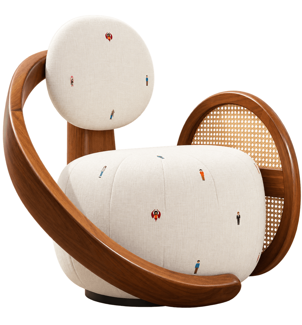 A contemporary lounge chair featuring a prominent curved bentwood frame, a semi-circular backrest with a cane insert, and distinctively upholstered seat and circular back cushions with embroidered human figures. — 3D model
