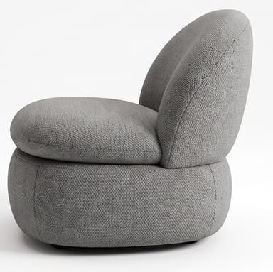 A contemporary, armless lounge chair with a rounded, sculptural silhouette, entirely upholstered in a textured, medium-grey boucle fabric. — 3D model