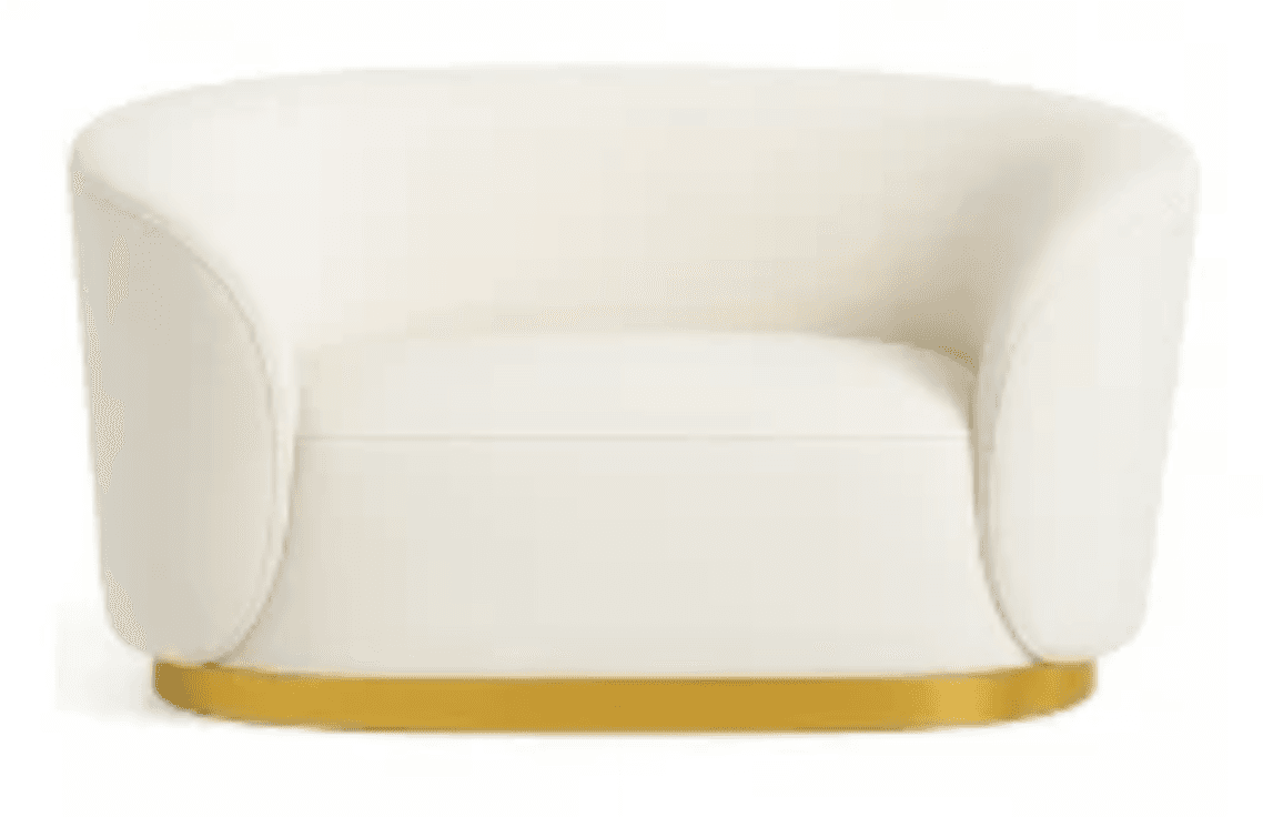 A contemporary armchair with a curved silhouette, upholstered in a textured, off-white fabric. It features a rounded back and arms that merge seamlessly. The chair is supported by a low-profile, circular base with a polished brass finish. — 3D model