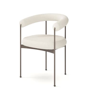 A modern armchair featuring an off-white boucle upholstered seat and a continuous, curved, padded backrest that flows into armrests. The chair is supported by a sleek, dark metal frame with four slender, slightly splayed legs. — 3D model