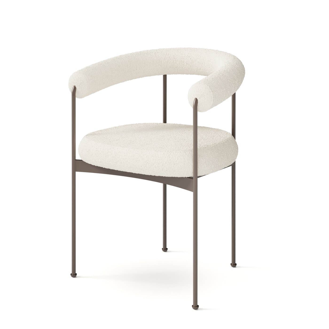 A modern armchair featuring an off-white boucle upholstered seat and a continuous, curved, padded backrest that flows into armrests. The chair is supported by a sleek, dark metal frame with four slender, slightly splayed legs. — 3D model