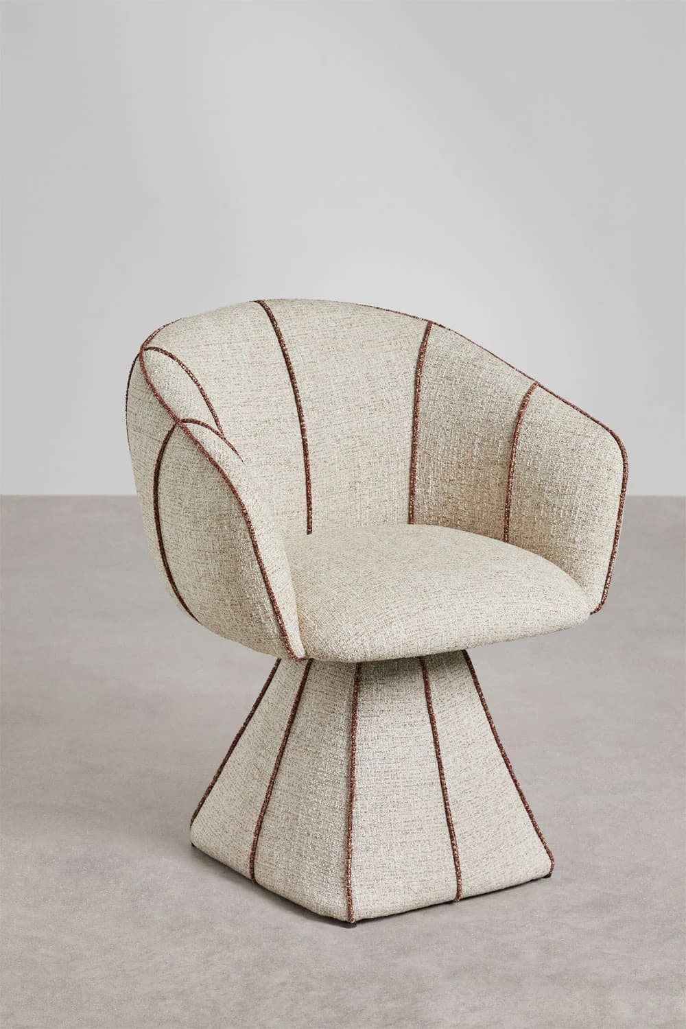 A modern accent chair with a distinctive shell-like silhouette. The chair features a swivel base and is upholstered in a textured cream fabric with contrasting dark brown piping that accentuates the vertical seams of the seat and the geometric design of the base. The base is a frustum-like shape, widening towards the bottom. — 3D model