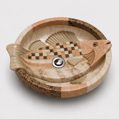 A highly decorative vessel sink shaped like a fish, crafted from multiple types of natural stone in various earthy tones and textures. The fish's body features an intricate mosaic pattern, including checkerboard and banded designs. Translucent, ribbed elements, likely resin or onyx, form the fins and tail, providing a contrasting material and visual interest. A standard metal drain is situated centrally within the fish's body. The circular perimeter of the basin is segmented, displaying different speckled and veined stone patterns. — 3D model