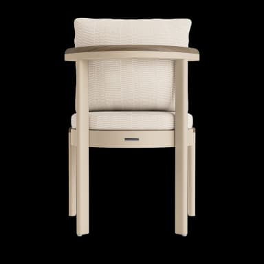 A contemporary armchair with a rectilinear metal frame in a light beige finish, featuring thick upholstered seat and back cushions in a textured off-white fabric. — 3D model