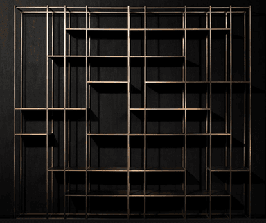 A modern, open-frame shelving unit crafted from bronzed metal, featuring a geometric arrangement of shelves within a rectangular framework. The unit presents an asymmetric and dynamic visual structure, suitable for displaying various items. — 3D model