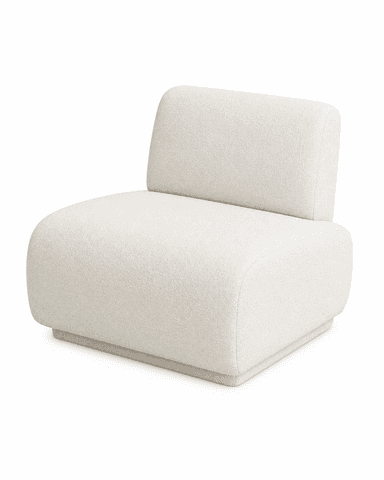 An armless contemporary lounge chair upholstered in a textured, off-white bouclé fabric. The design features soft, rounded edges and a low backrest, resting on a subtle plinth base. Its modular form suggests it can be used individually or as part of a larger seating arrangement. — 3D model