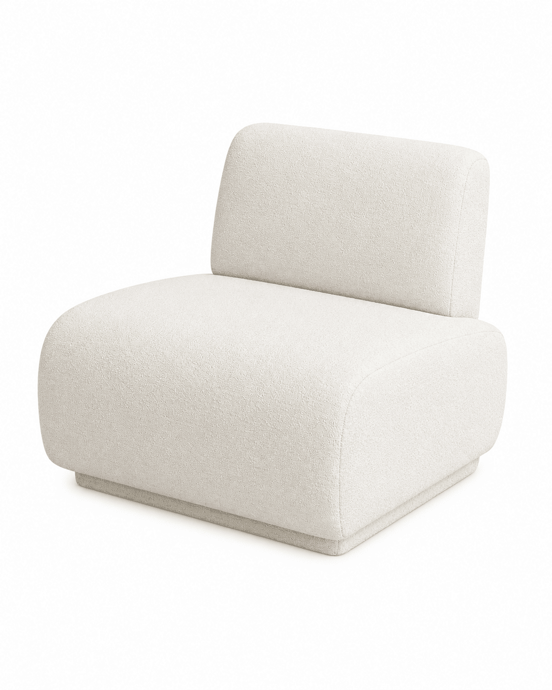 An armless contemporary lounge chair upholstered in a textured, off-white bouclé fabric. The design features soft, rounded edges and a low backrest, resting on a subtle plinth base. Its modular form suggests it can be used individually or as part of a larger seating arrangement. — 3D model