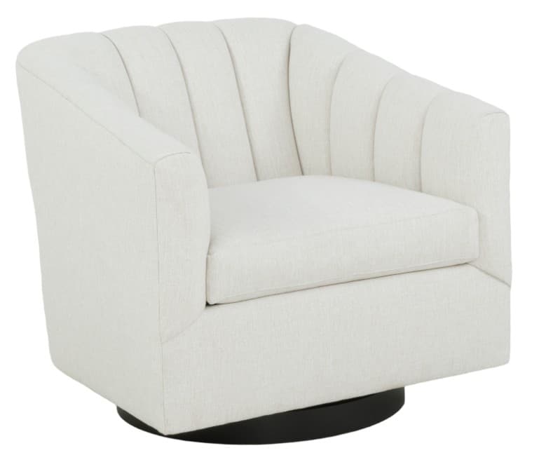 An off-white upholstered barrel-style swivel chair featuring a rounded backrest and integrated arms with vertical channel tufting. It includes a single, removable seat cushion and rests on a discreet black circular swivel base. — 3D model