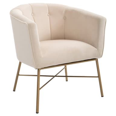 A contemporary cream-colored accent chair featuring a plush velvet upholstery, a rounded tufted barrel back, and sleek golden metal legs with a cross-brace design. — 3D model