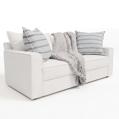 A contemporary two-seater sofa upholstered in a white fabric, featuring square track arms and adorned with striped accent pillows and a chunky knit throw. — 3D model