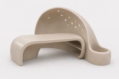A unique, organically shaped bench with a curved backrest featuring star-shaped cutouts. The bench has a smooth, monolithic appearance and a light tan color. It is designed for outdoor or public space use, with a durable and sculptural form. — 3D model