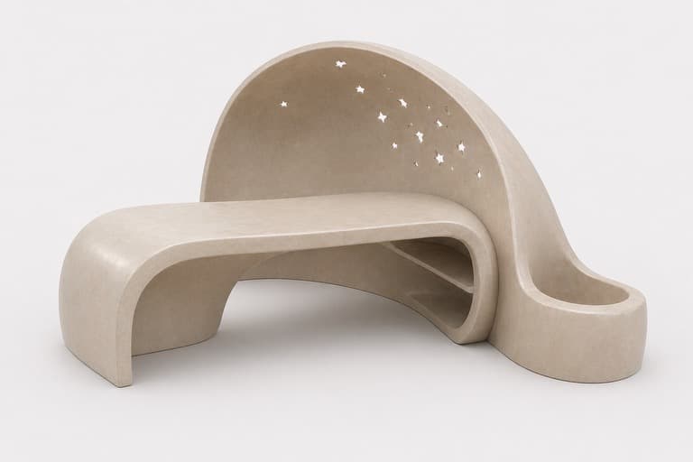 A unique, organically shaped bench with a curved backrest featuring star-shaped cutouts. The bench has a smooth, monolithic appearance and a light tan color. It is designed for outdoor or public space use, with a durable and sculptural form. — 3D model