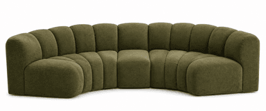 A contemporary curved sectional sofa upholstered in a dark olive green, textured fabric. The sofa features distinctive vertical channel tufting across all its backrests and seat sections, creating a visually plush and inviting appearance. Composed of multiple modular elements, it forms a graceful, arcing silhouette, designed for flexible arrangement and comfortable communal seating. The base is fully upholstered, concealing any legs, giving it a low-profile and substantial presence. — 3D model