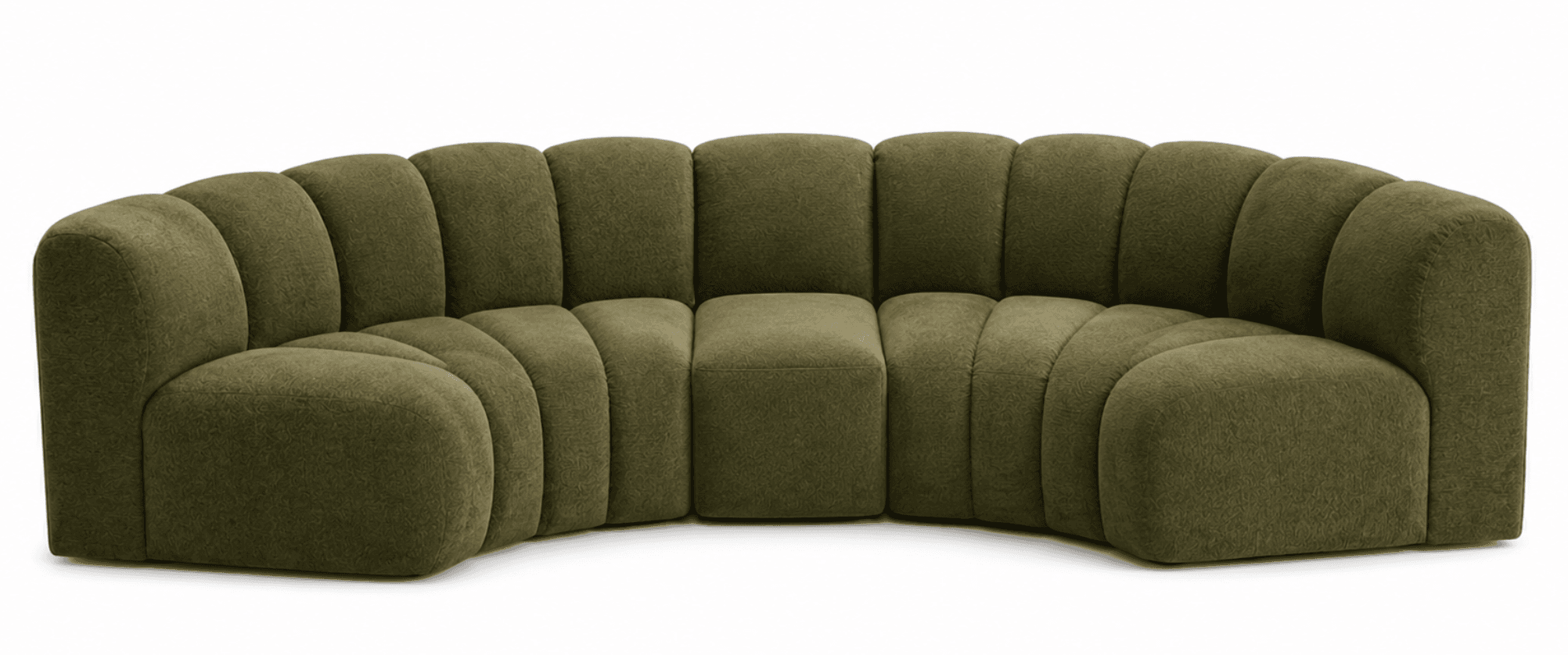 A contemporary curved sectional sofa upholstered in a dark olive green, textured fabric. The sofa features distinctive vertical channel tufting across all its backrests and seat sections, creating a visually plush and inviting appearance. Composed of multiple modular elements, it forms a graceful, arcing silhouette, designed for flexible arrangement and comfortable communal seating. The base is fully upholstered, concealing any legs, giving it a low-profile and substantial presence. — 3D model