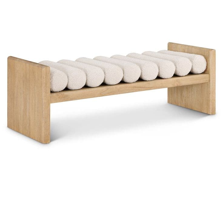 A modern bench featuring a light-toned solid wood frame that forms both the seat support and the side legs. The seat surface is composed of multiple individual, rounded cylindrical cushions upholstered in a textured, off-white boucle-like fabric. The design is minimalist with clean lines, suitable for contemporary interiors. — 3D model