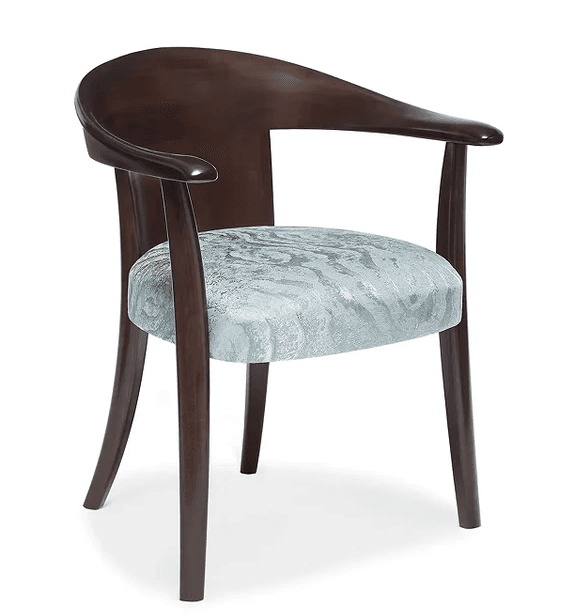 A modern armchair featuring a dark stained wooden frame with a gently curved backrest that seamlessly transitions into integrated armrests. The chair has a supportive upholstered seat cushion in a light blue-green patterned fabric. The legs are tapered, with the rear legs exhibiting a slight splay. — 3D model